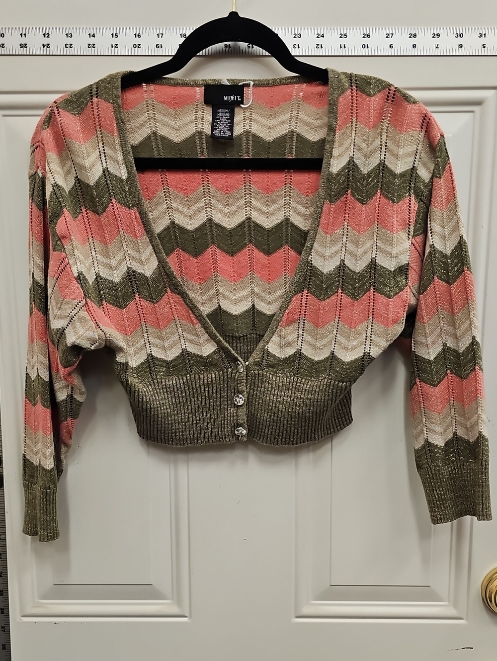 MINKPINK Chevron Cropped Cardigan Sweater - Coral, Olive, Cream